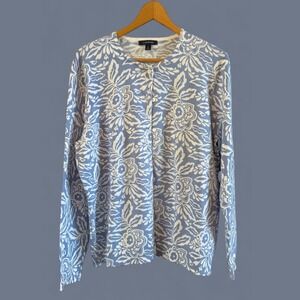 Women's‎ Blue and White Lands' End Classic Classy Floral Cardigan Large (14-16)